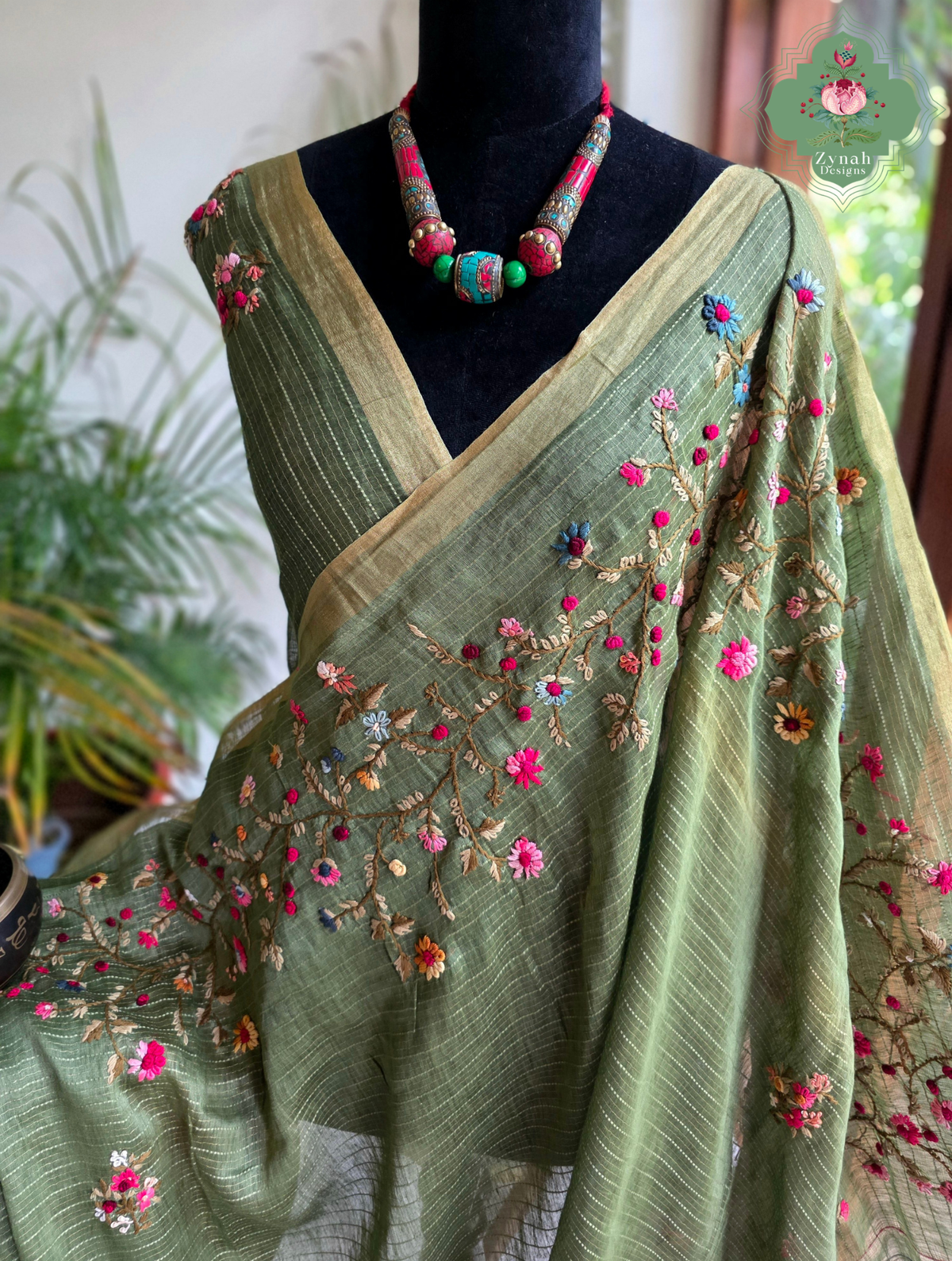 Niharika | Moss Green Pure Silk Linen Saree With Hand Embroidery