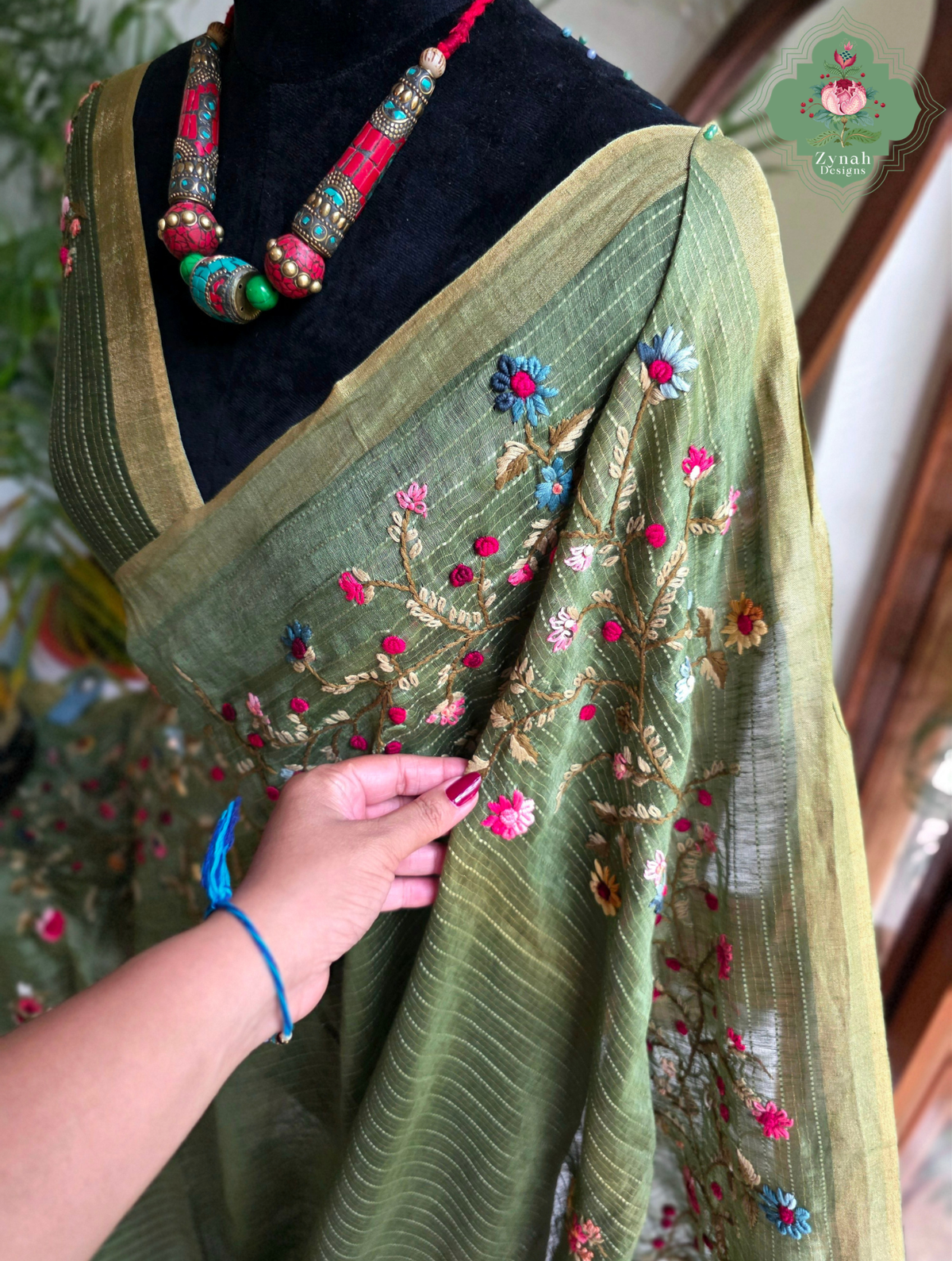 Niharika | Moss Green Pure Silk Linen Saree With Hand Embroidery