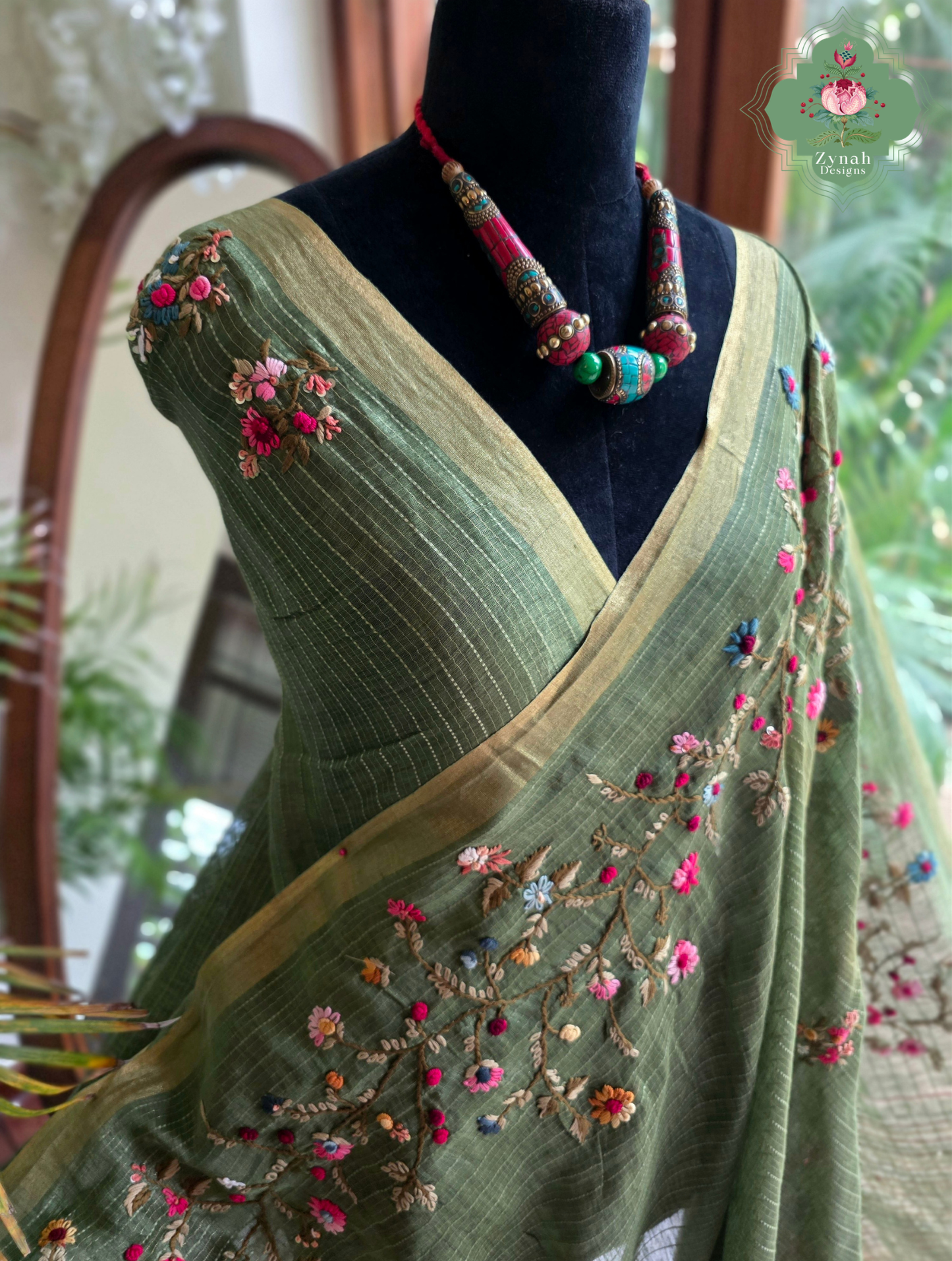 Niharika | Moss Green Pure Silk Linen Saree With Hand Embroidery