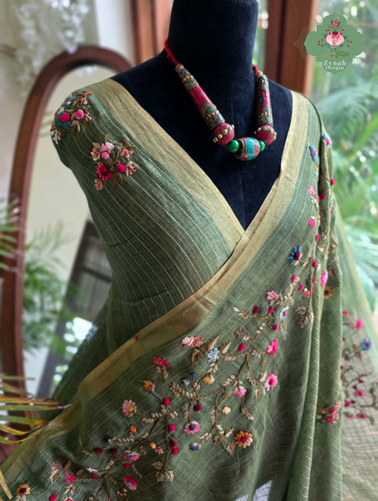 Niharika | Moss Green Pure Silk Linen Saree With Hand Embroidery
