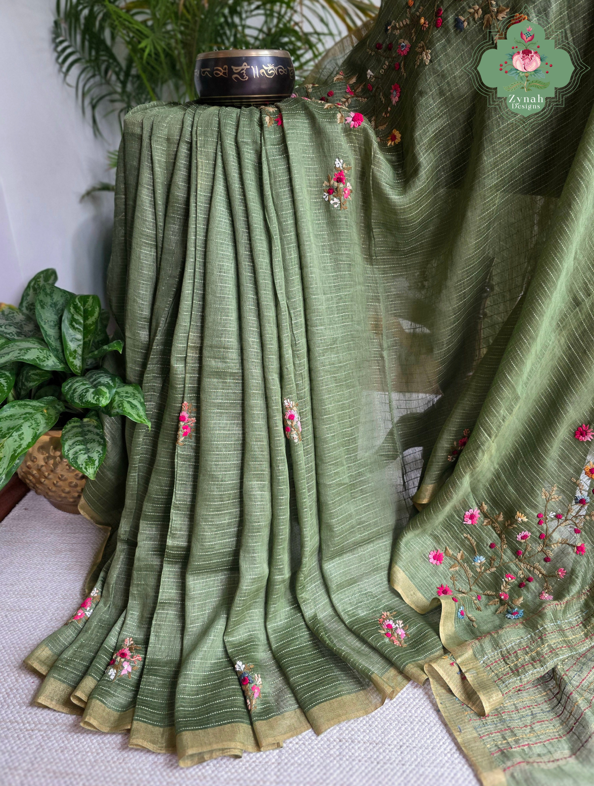 Niharika | Moss Green Pure Silk Linen Saree With Hand Embroidery