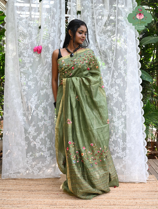 Niharika | Moss Green Pure Silk Linen Saree With Hand Embroidery