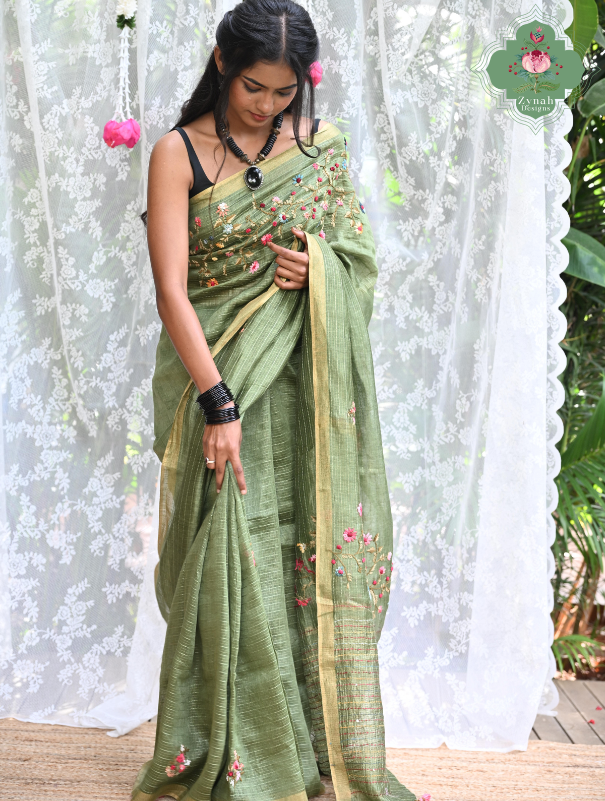 Niharika | Moss Green Pure Silk Linen Saree With Hand Embroidery