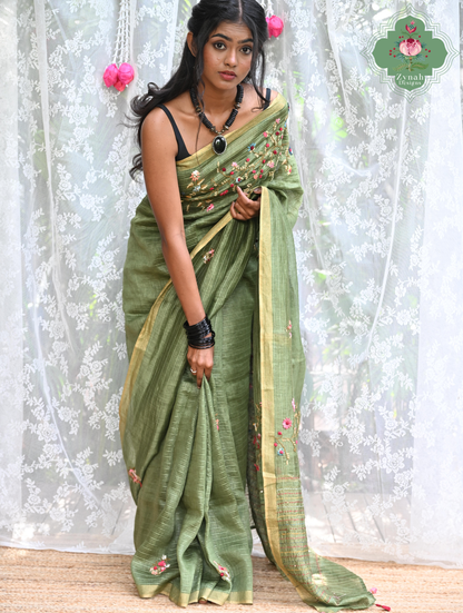 Niharika | Moss Green Pure Silk Linen Saree With Hand Embroidery
