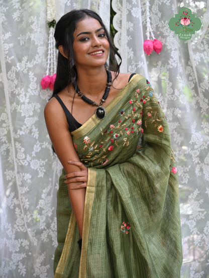 Niharika | Moss Green Pure Silk Linen Saree With Hand Embroidery