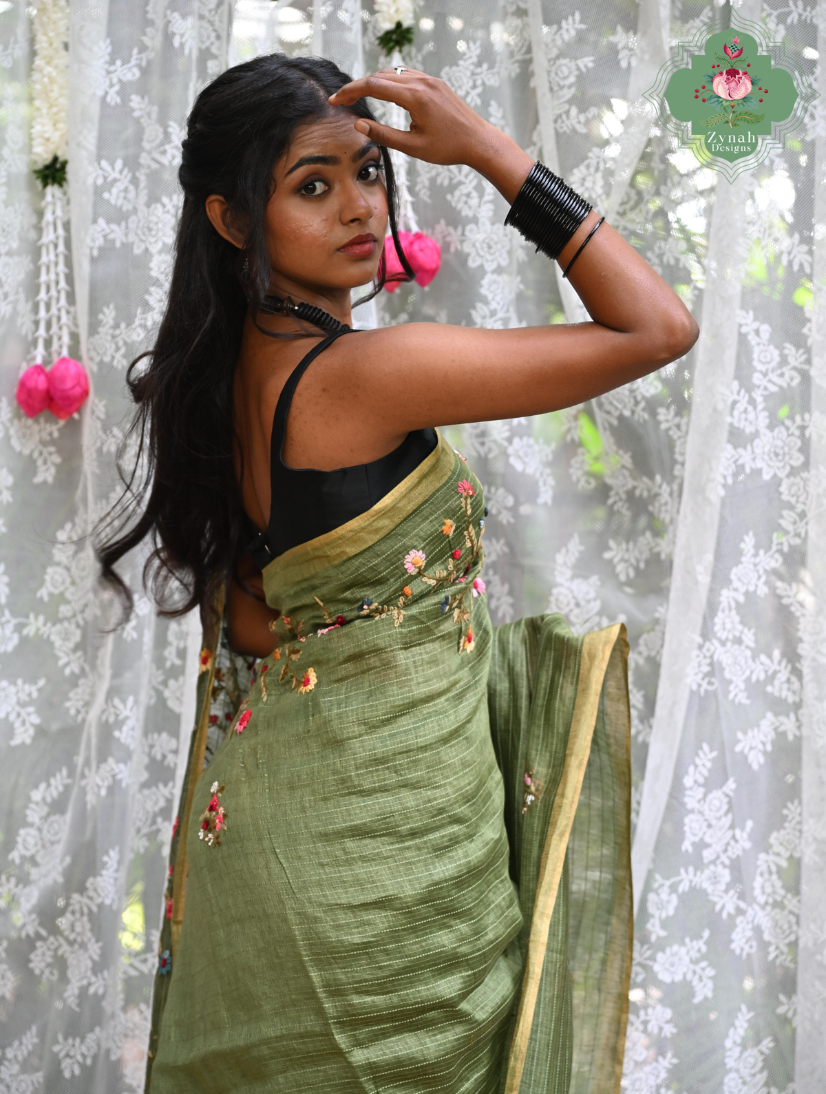 Niharika | Moss Green Pure Silk Linen Saree With Hand Embroidery