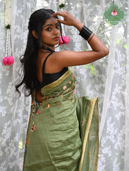 Niharika | Moss Green Pure Silk Linen Saree With Hand Embroidery