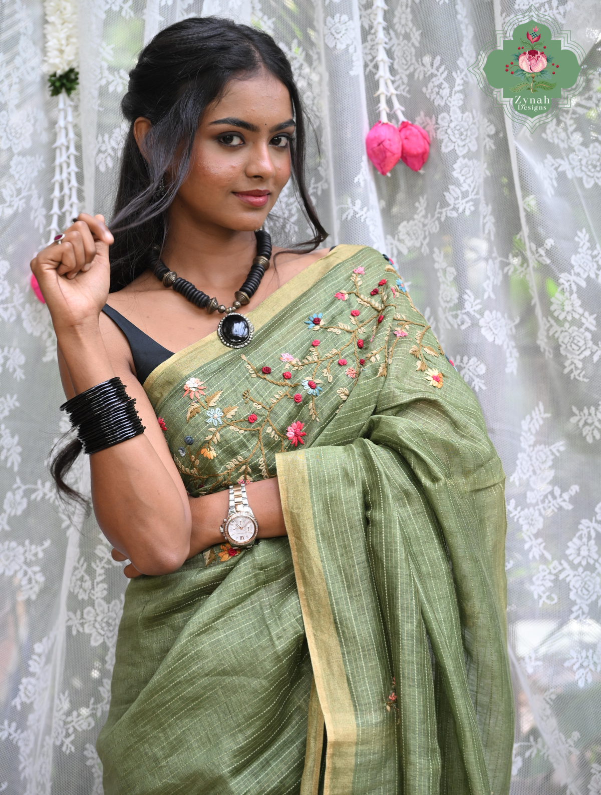 Niharika | Moss Green Pure Silk Linen Saree With Hand Embroidery