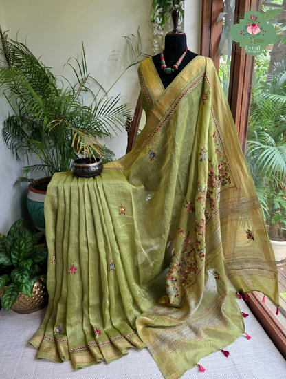 Nirvi | Olive Green Pure Silk Linen Saree With Hand Embroidery