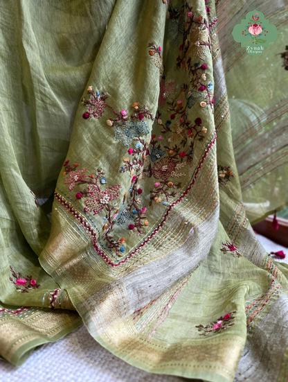 Nirvi | Olive Green Pure Silk Linen Saree With Hand Embroidery