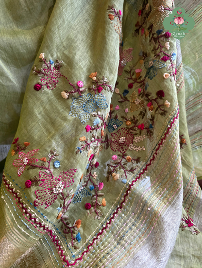 Nirvi | Olive Green Pure Silk Linen Saree With Hand Embroidery