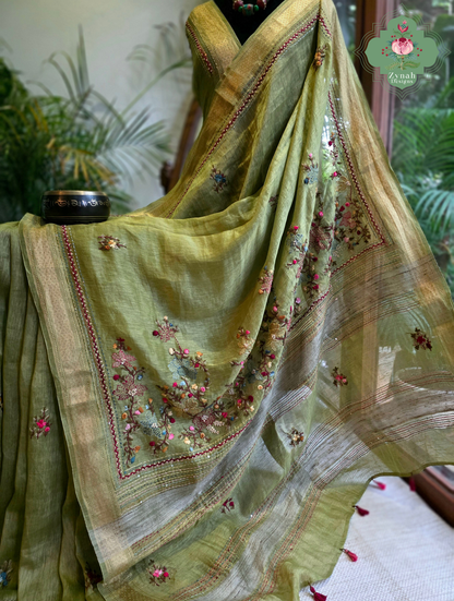 Nirvi | Olive Green Pure Silk Linen Saree With Hand Embroidery