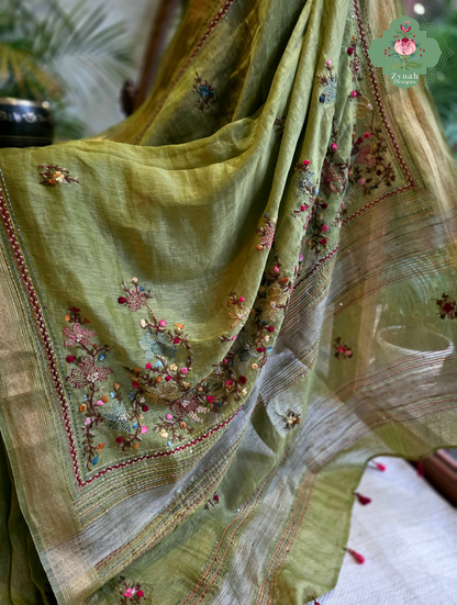 Nirvi | Olive Green Pure Silk Linen Saree With Hand Embroidery