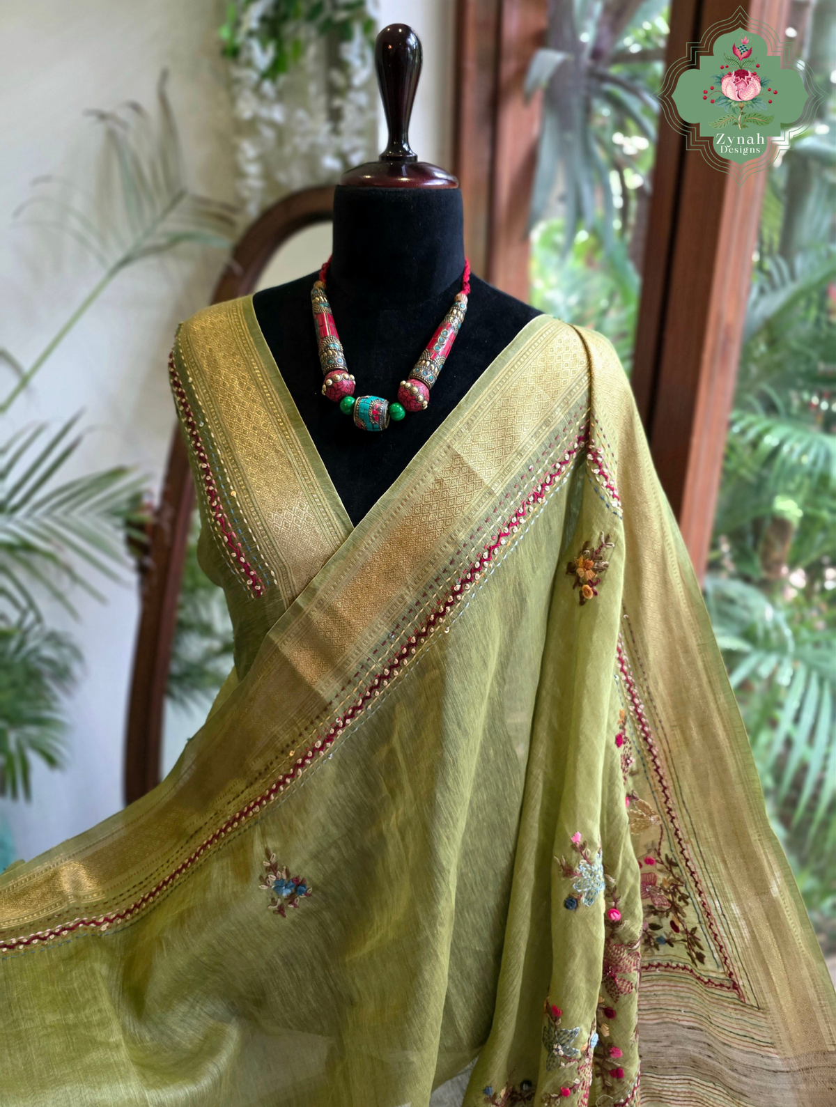Nirvi | Olive Green Pure Silk Linen Saree With Hand Embroidery