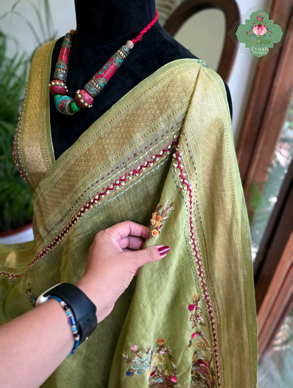 Nirvi | Olive Green Pure Silk Linen Saree With Hand Embroidery