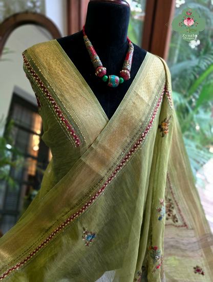 Nirvi | Olive Green Pure Silk Linen Saree With Hand Embroidery
