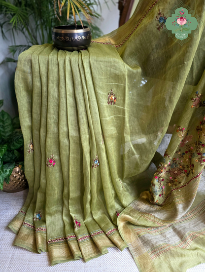 Nirvi | Olive Green Pure Silk Linen Saree With Hand Embroidery