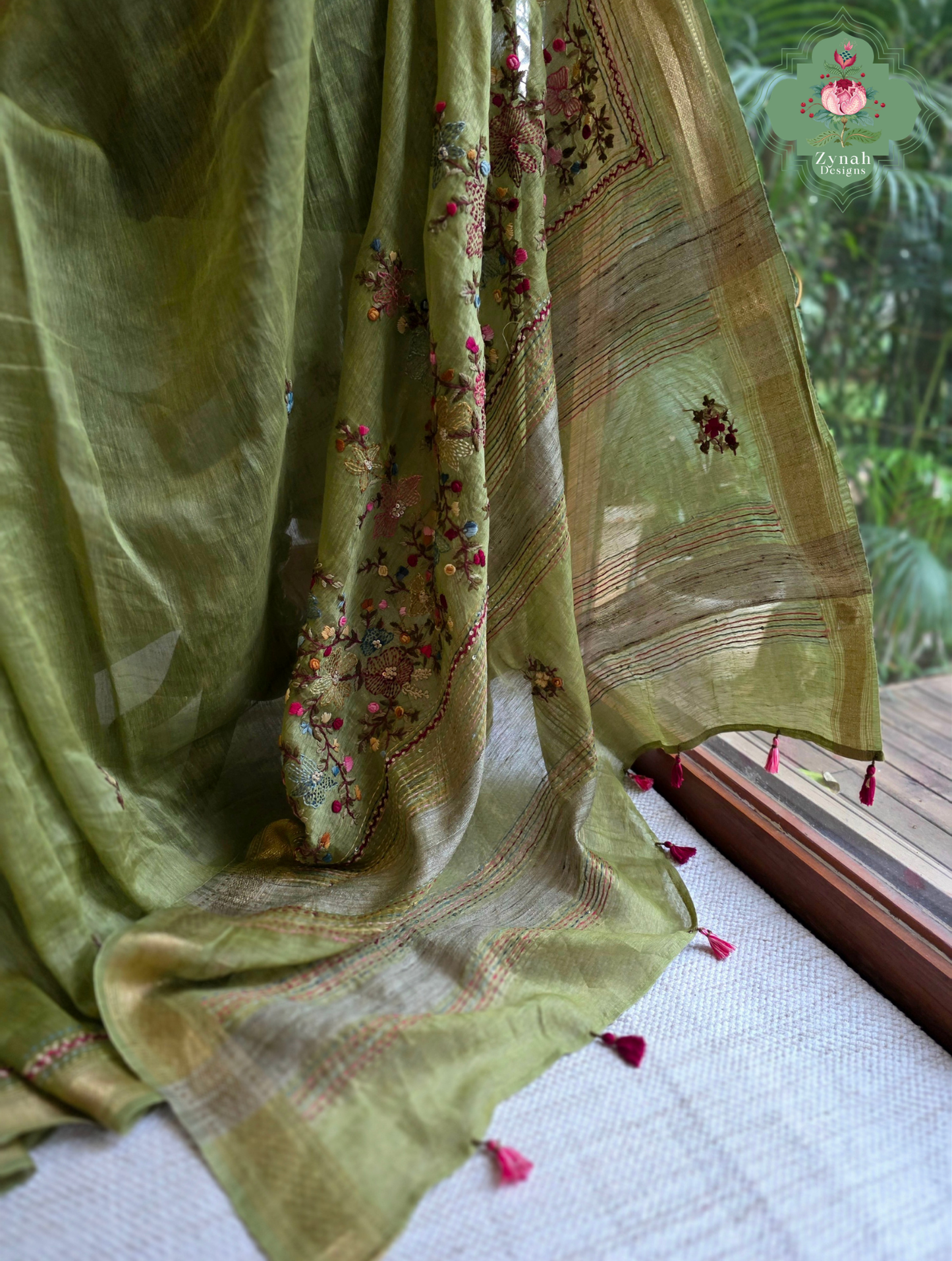 Nirvi | Olive Green Pure Silk Linen Saree With Hand Embroidery