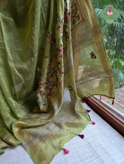 Nirvi | Olive Green Pure Silk Linen Saree With Hand Embroidery