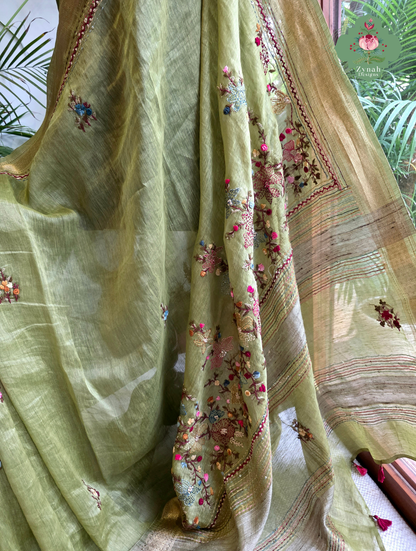 Nirvi | Olive Green Pure Silk Linen Saree With Hand Embroidery