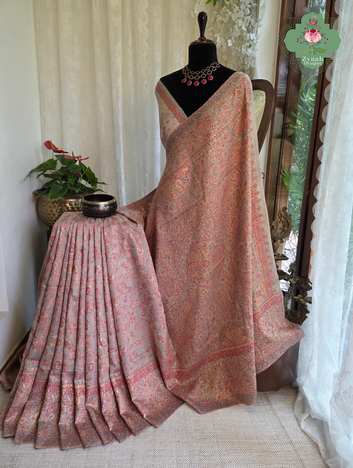 Noor | Peachish Beige Kashmiri Pure Kani Silk Jamavar Weave Saree | Made To Order