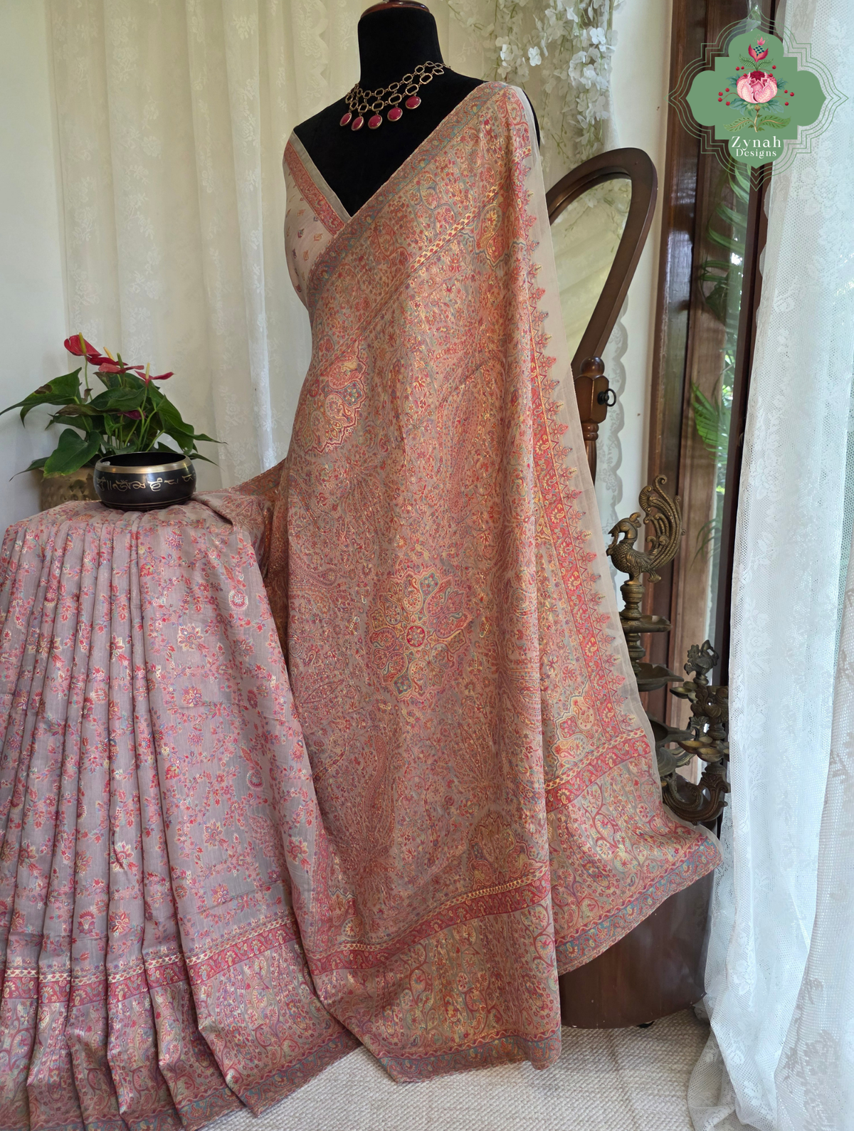 Noor | Peachish Beige Kashmiri Pure Kani Silk Jamavar Weave Saree | Made To Order
