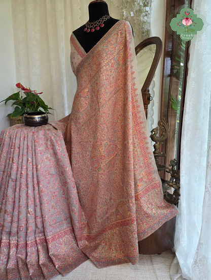Noor | Peachish Beige Kashmiri Pure Kani Silk Jamavar Weave Saree | Made To Order