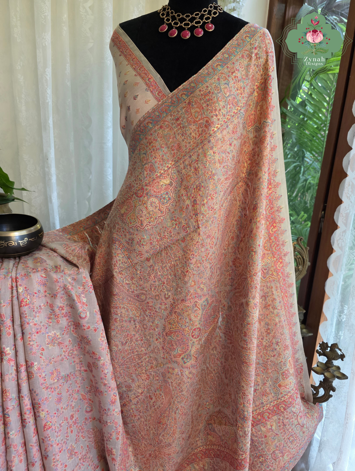 Noor | Peachish Beige Kashmiri Pure Kani Silk Jamavar Weave Saree | Made To Order