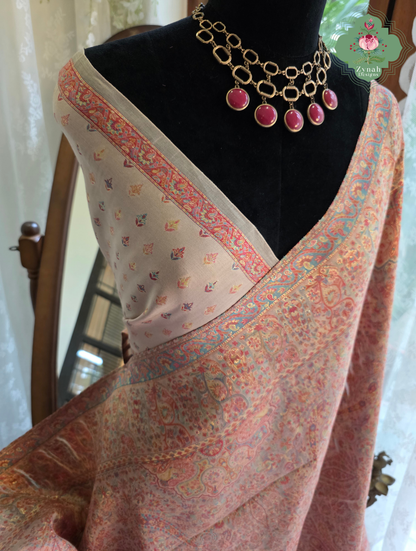 Noor | Peachish Beige Kashmiri Pure Kani Silk Jamavar Weave Saree | Made To Order