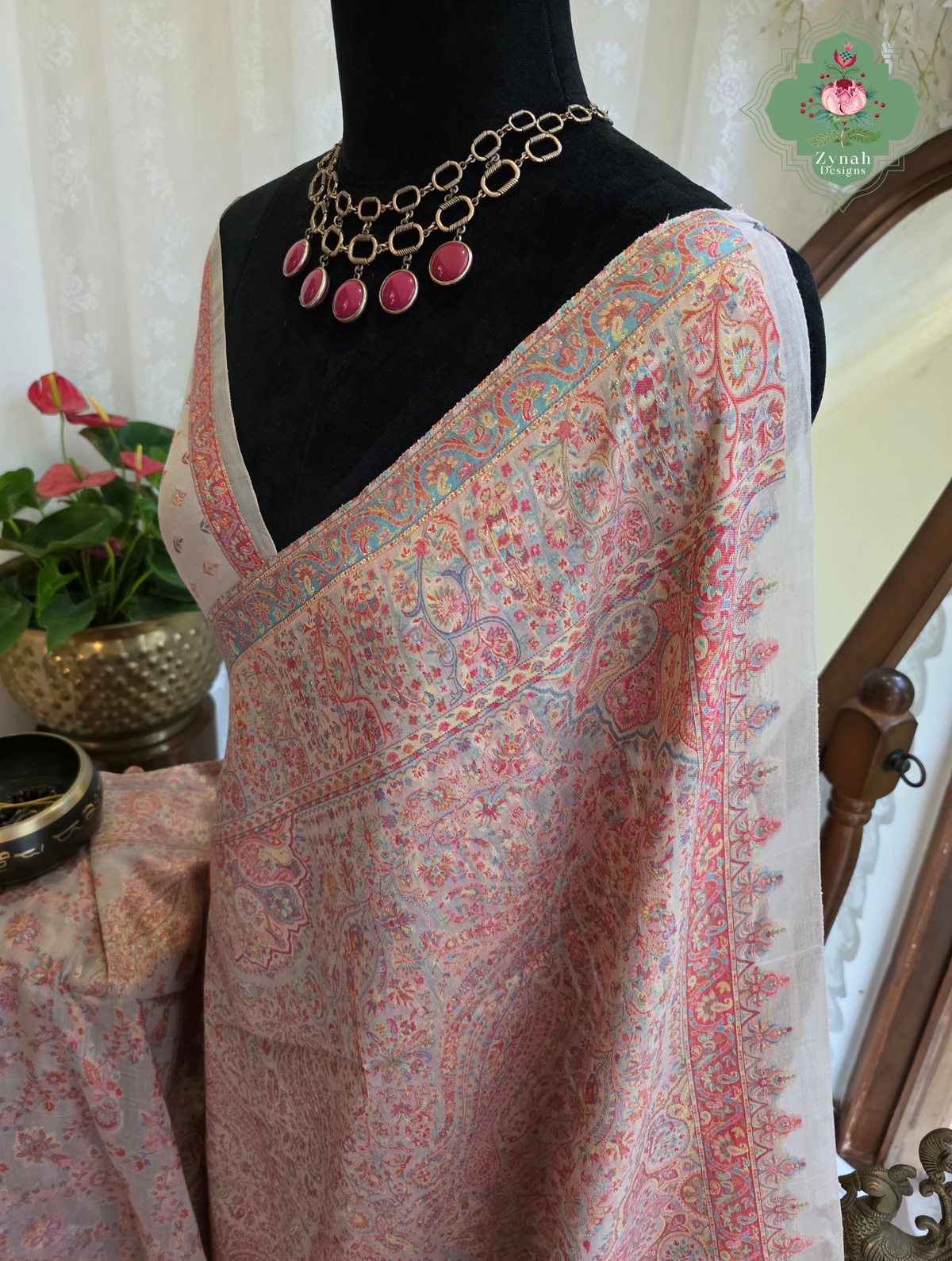 Noor | Peachish Beige Kashmiri Pure Kani Silk Jamavar Weave Saree | Made To Order