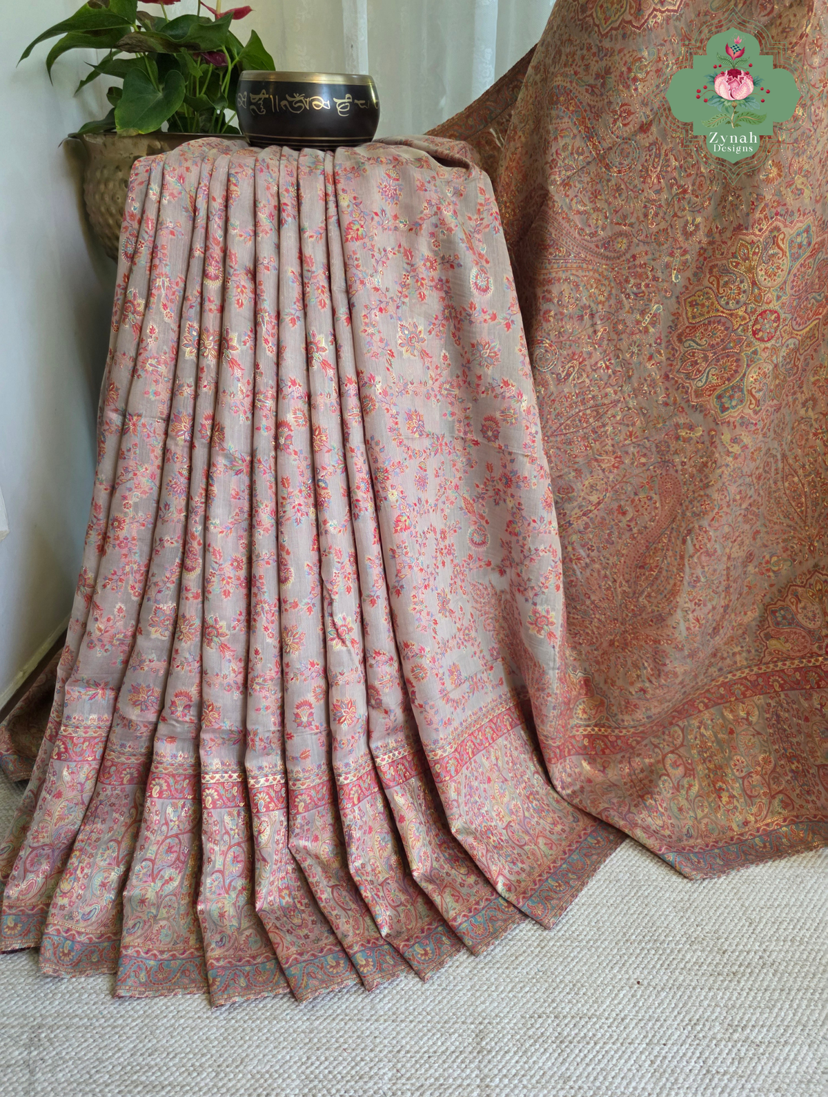 Noor | Peachish Beige Kashmiri Pure Kani Silk Jamavar Weave Saree | Made To Order