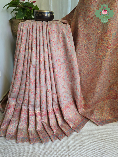 Noor | Peachish Beige Kashmiri Pure Kani Silk Jamavar Weave Saree | Made To Order