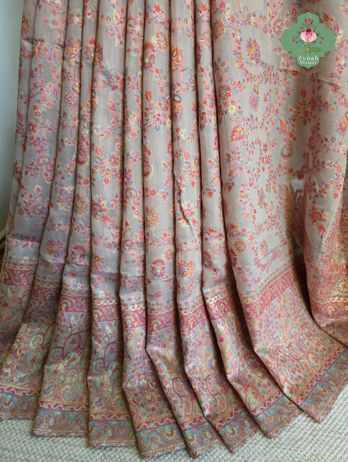 Noor | Peachish Beige Kashmiri Pure Kani Silk Jamavar Weave Saree | Made To Order