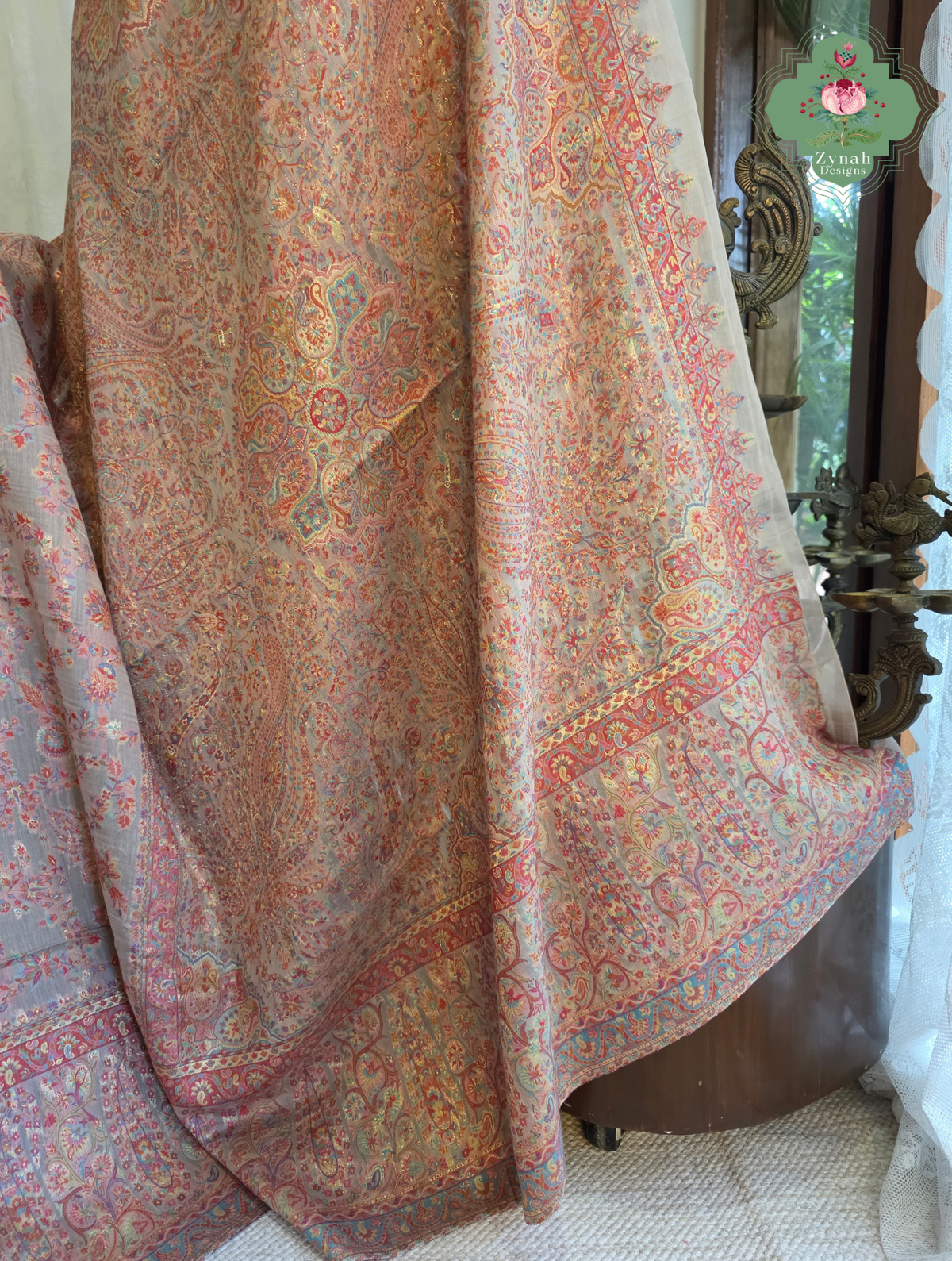 Noor | Peachish Beige Kashmiri Pure Kani Silk Jamavar Weave Saree | Made To Order