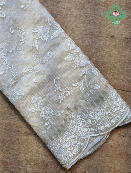 Zynah Nooré – Pure Organza Silk Saree with Golden Zari Stripes & Self Thread Floral Embroidery
