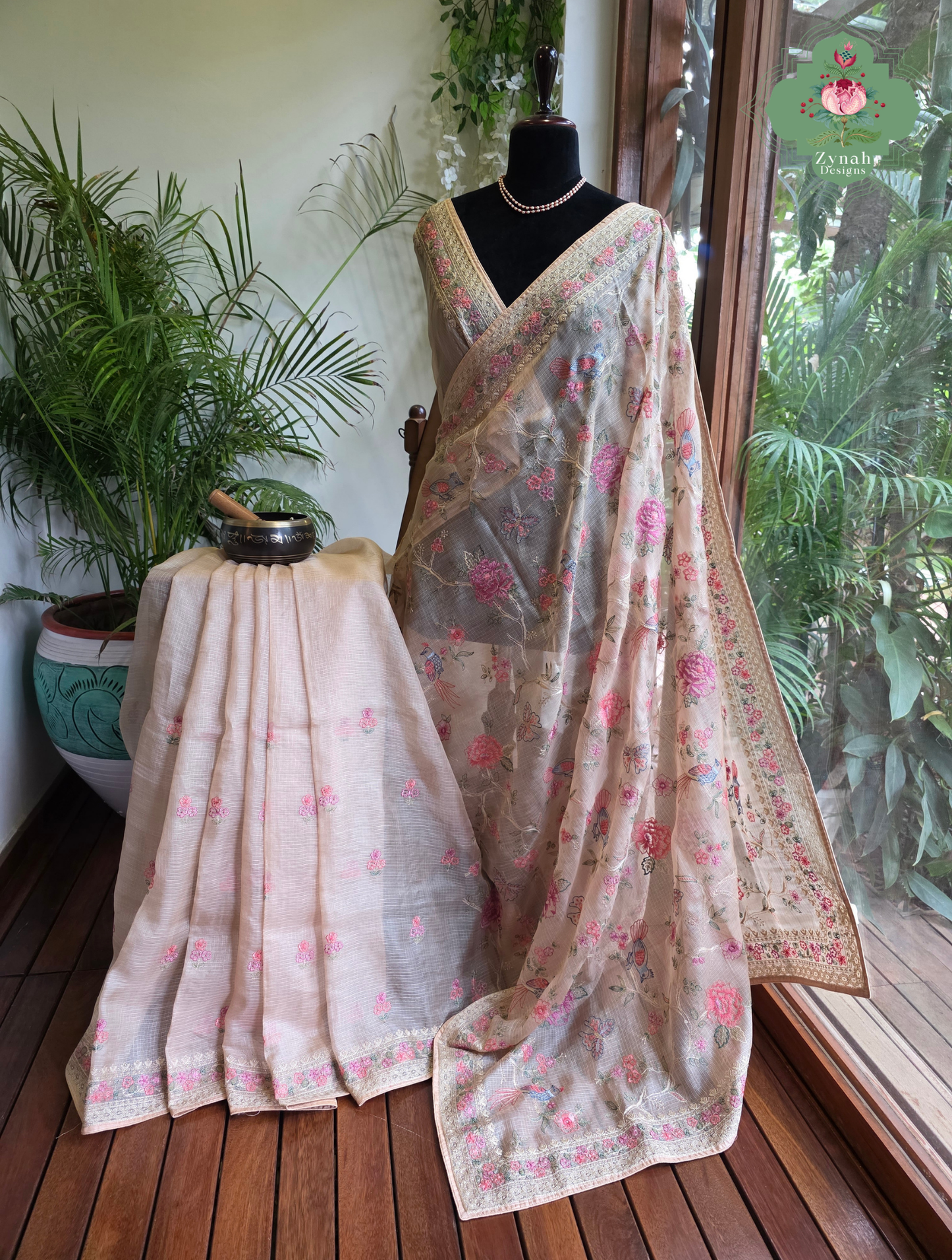 Summer Barefoot Nude Peach Kota Tussar Silk Saree With Embroidery