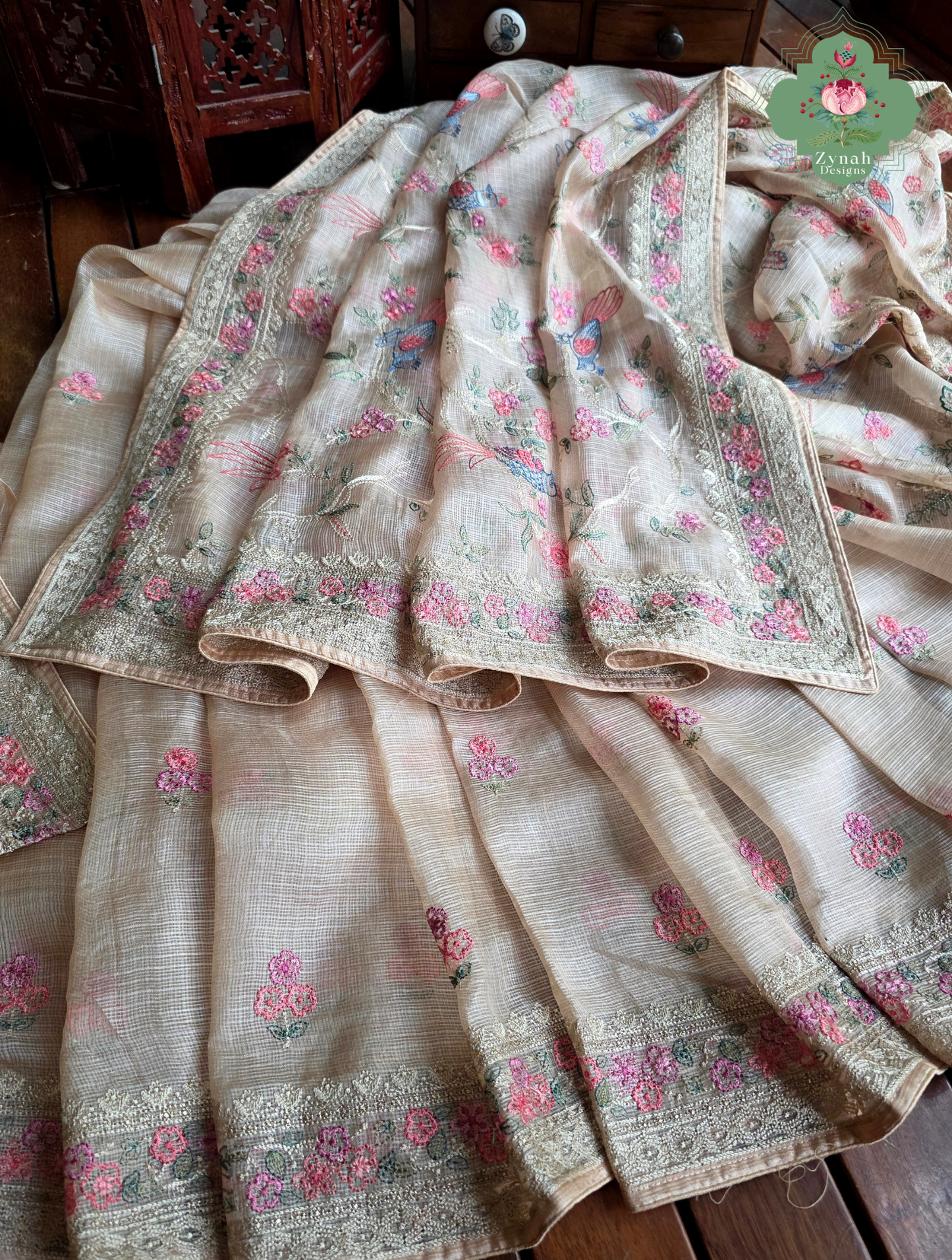 Summer Barefoot Nude Peach Kota Tussar Silk Saree With Embroidery
