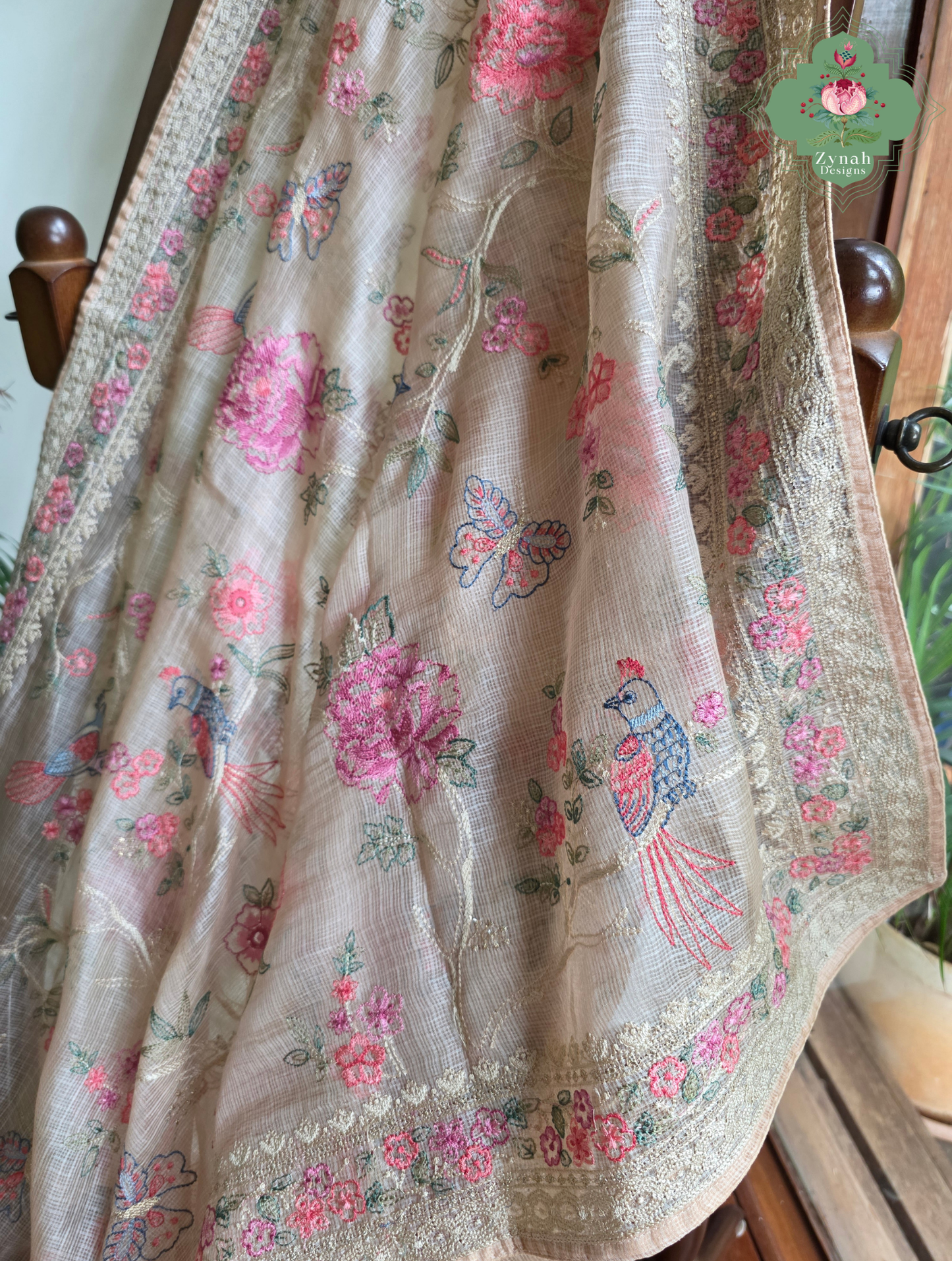 Summer Barefoot Nude Peach Kota Tussar Silk Saree With Embroidery