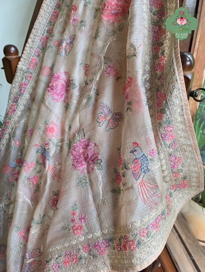 Summer Barefoot Nude Peach Kota Tussar Silk Saree With Embroidery