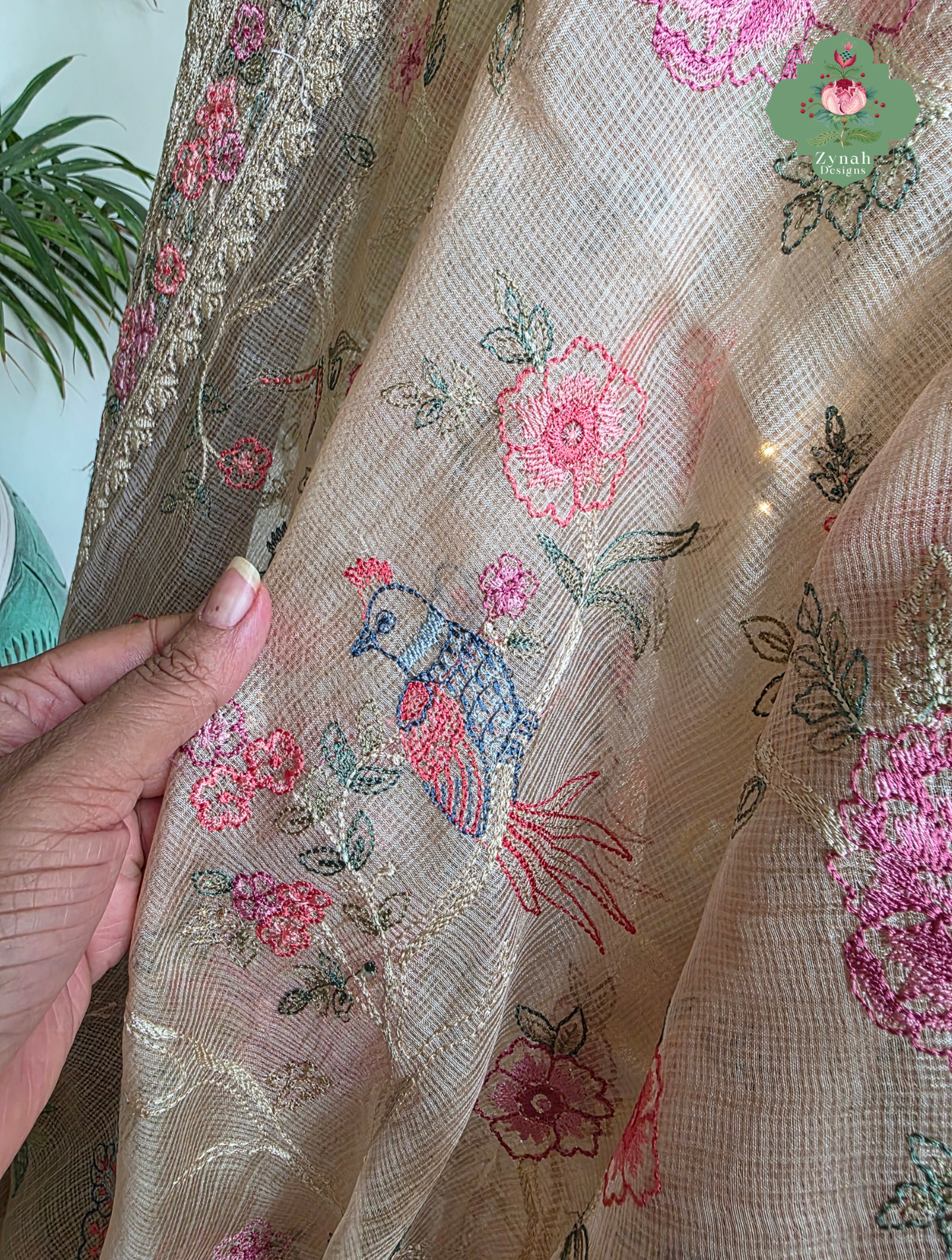Summer Barefoot Nude Peach Kota Tussar Silk Saree With Embroidery