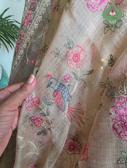 Summer Barefoot Nude Peach Kota Tussar Silk Saree With Embroidery