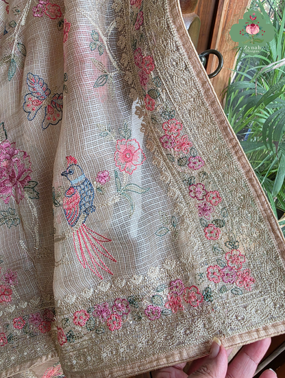 Summer Barefoot Nude Peach Kota Tussar Silk Saree With Embroidery