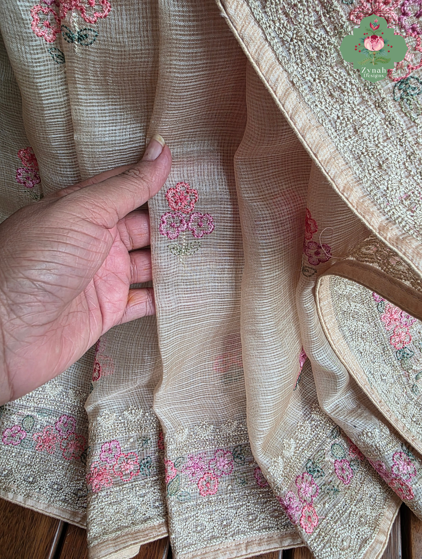 Summer Barefoot Nude Peach Kota Tussar Silk Saree With Embroidery