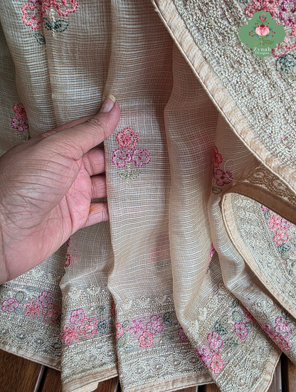 Summer Barefoot Nude Peach Kota Tussar Silk Saree With Embroidery