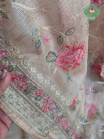 Summer Barefoot Nude Peach Kota Tussar Silk Saree With Embroidery