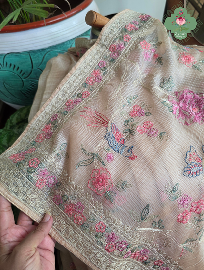 Summer Barefoot Nude Peach Kota Tussar Silk Saree With Embroidery