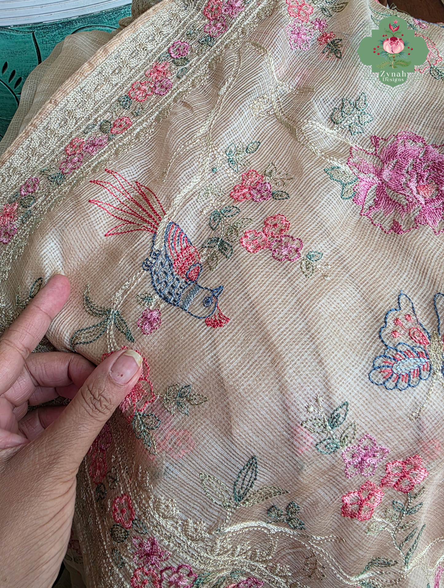 Summer Barefoot Nude Peach Kota Tussar Silk Saree With Embroidery