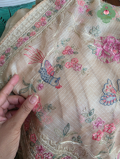 Summer Barefoot Nude Peach Kota Tussar Silk Saree With Embroidery