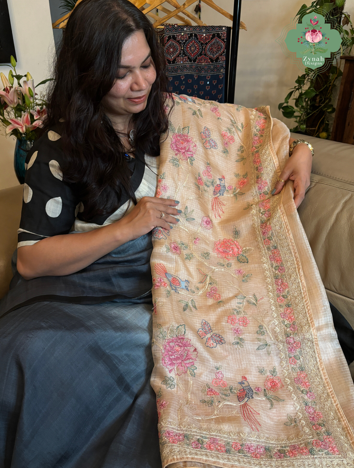 Summer Barefoot Nude Peach Kota Tussar Silk Saree With Embroidery
