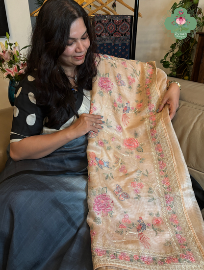 Summer Barefoot Nude Peach Kota Tussar Silk Saree With Embroidery